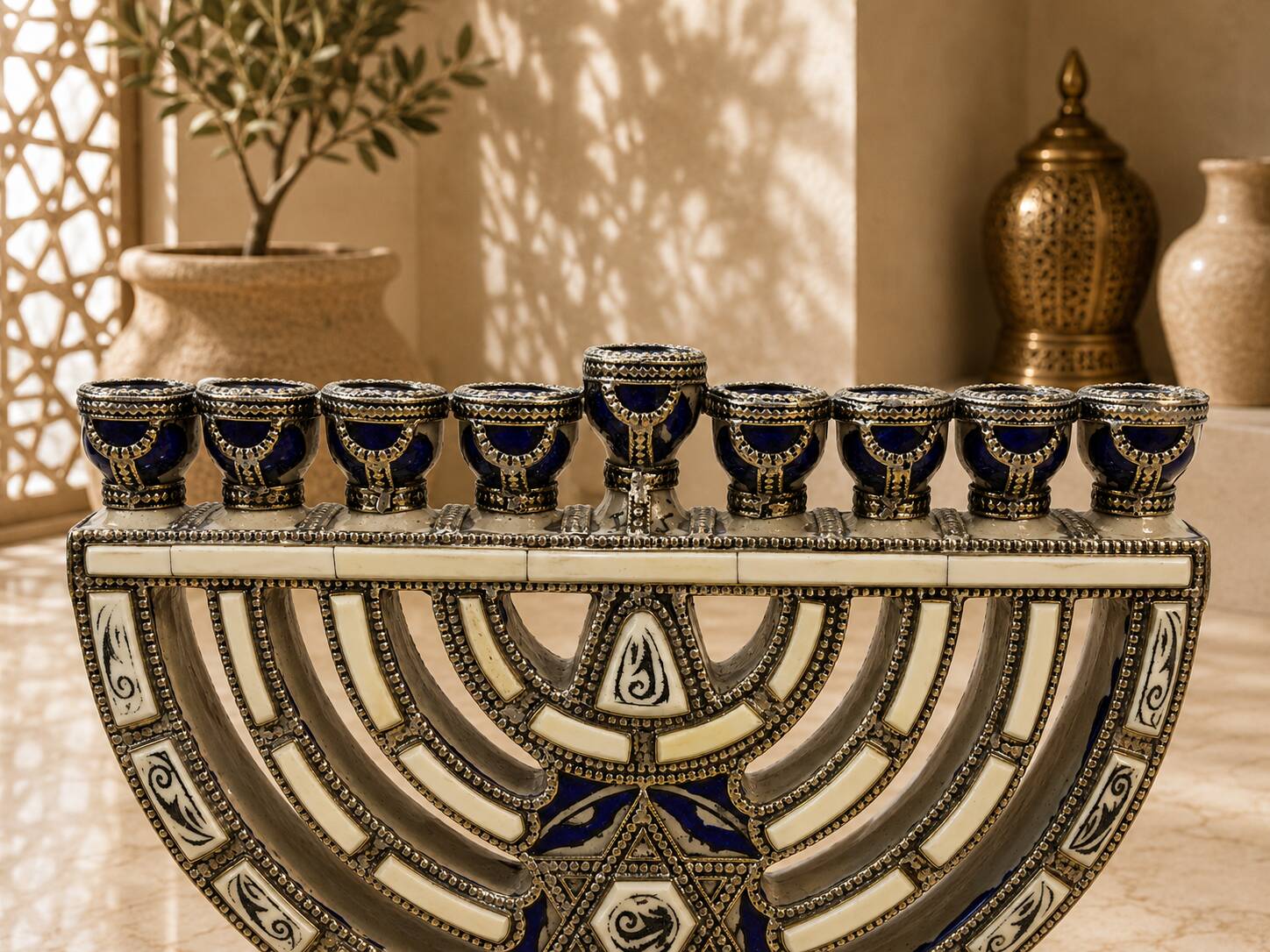 Handcrafted Moroccan Hanukkah menorah in glazed ceramic – Handmade – 30 × 30