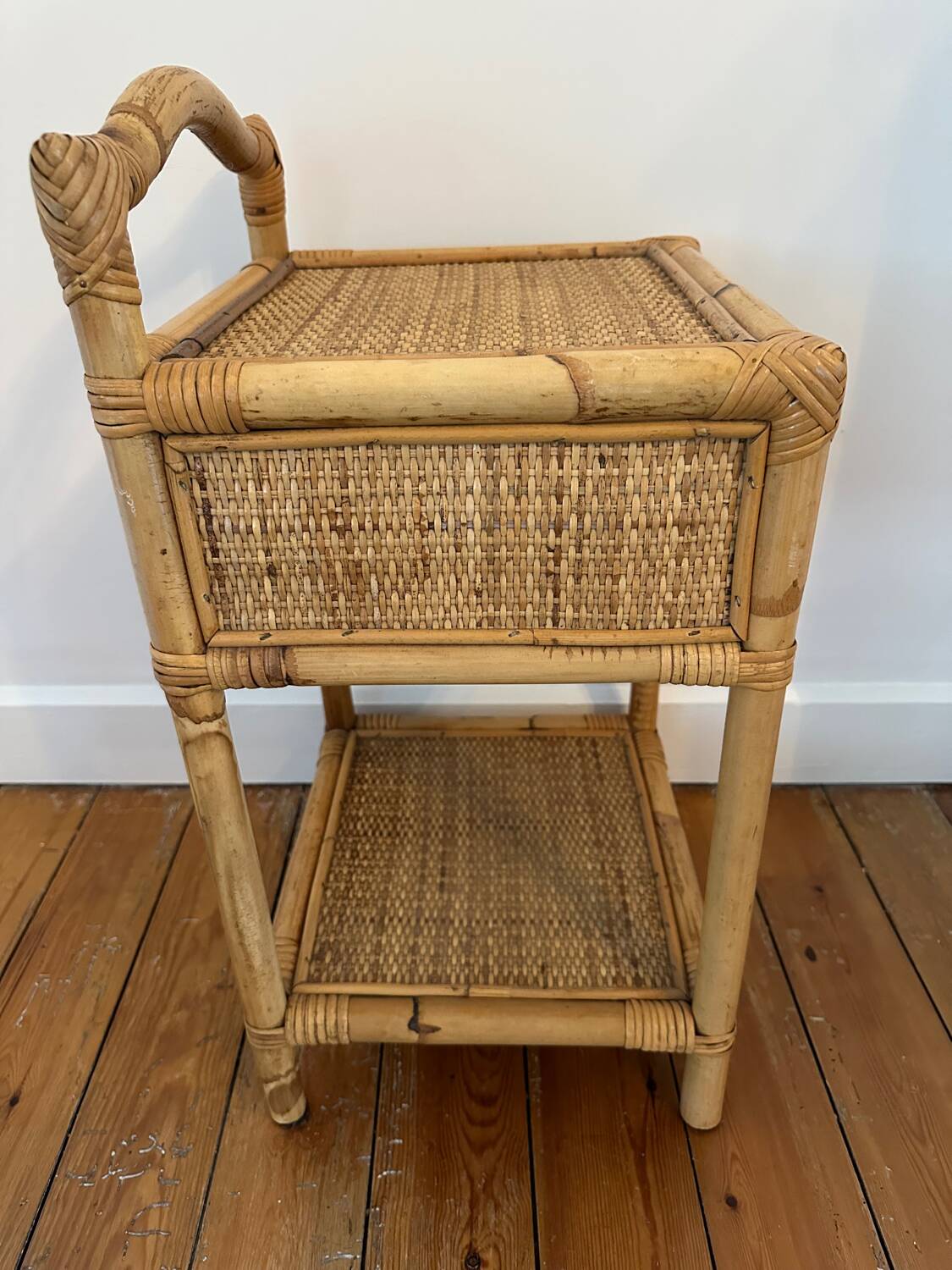 Antique rattan bedside table with vintage drawer