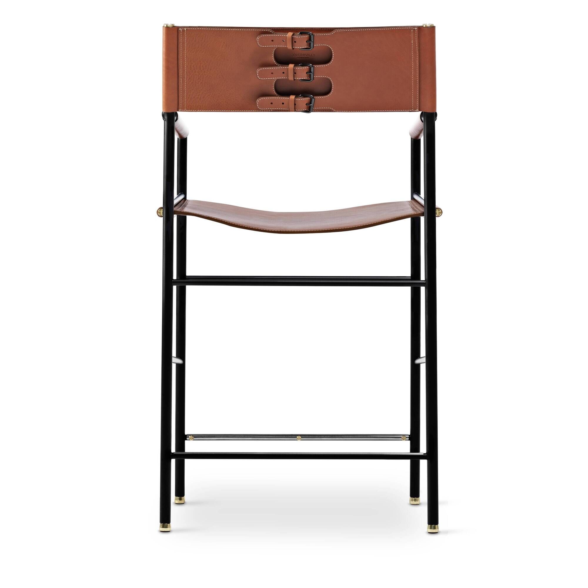 Set of 3 Artisan Bar Stools with Natural Tan Leather Backrest and Black Rubber Metal