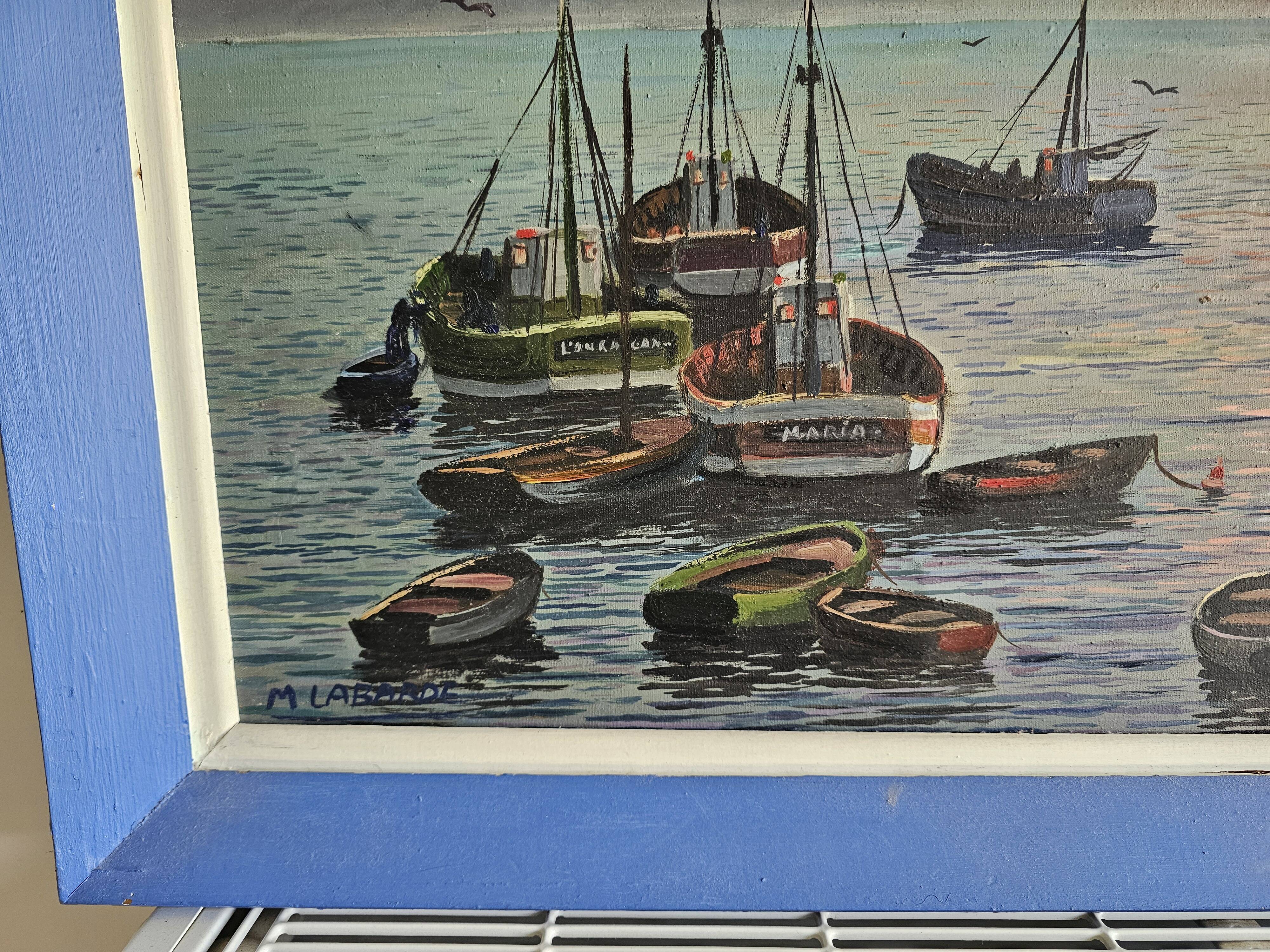 Oil painting on canvas - Marine Sailboats Signed M Labarde 54cm x 89cm
