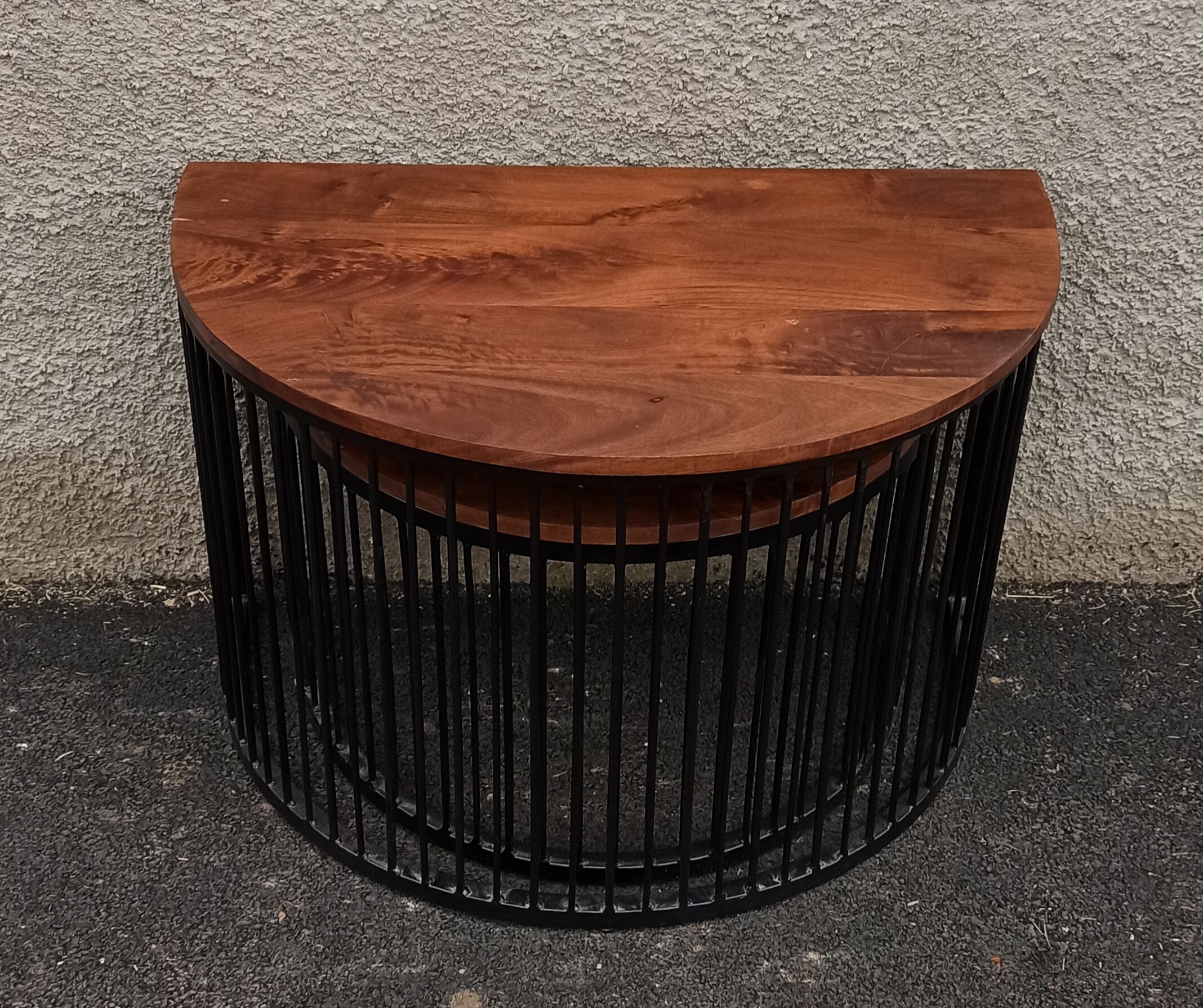 Half-circle wooden tables, metal feet