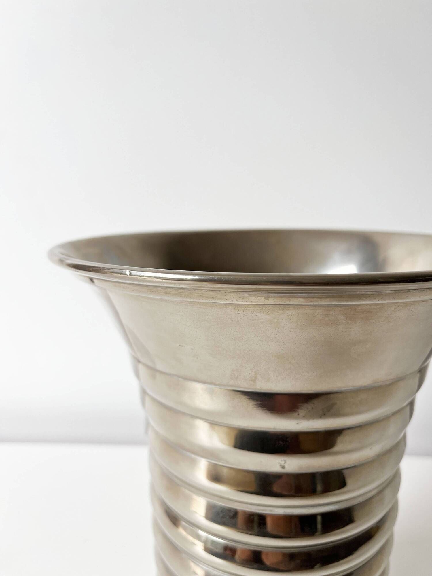Vintage modernist striped polished aluminium vase