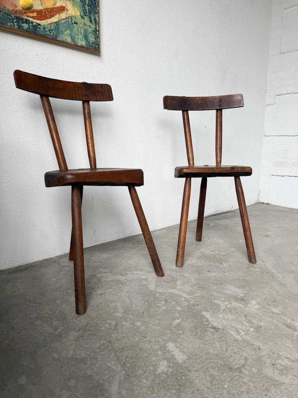 Pair of Savoyard tripod chairs, folk art, oak.
