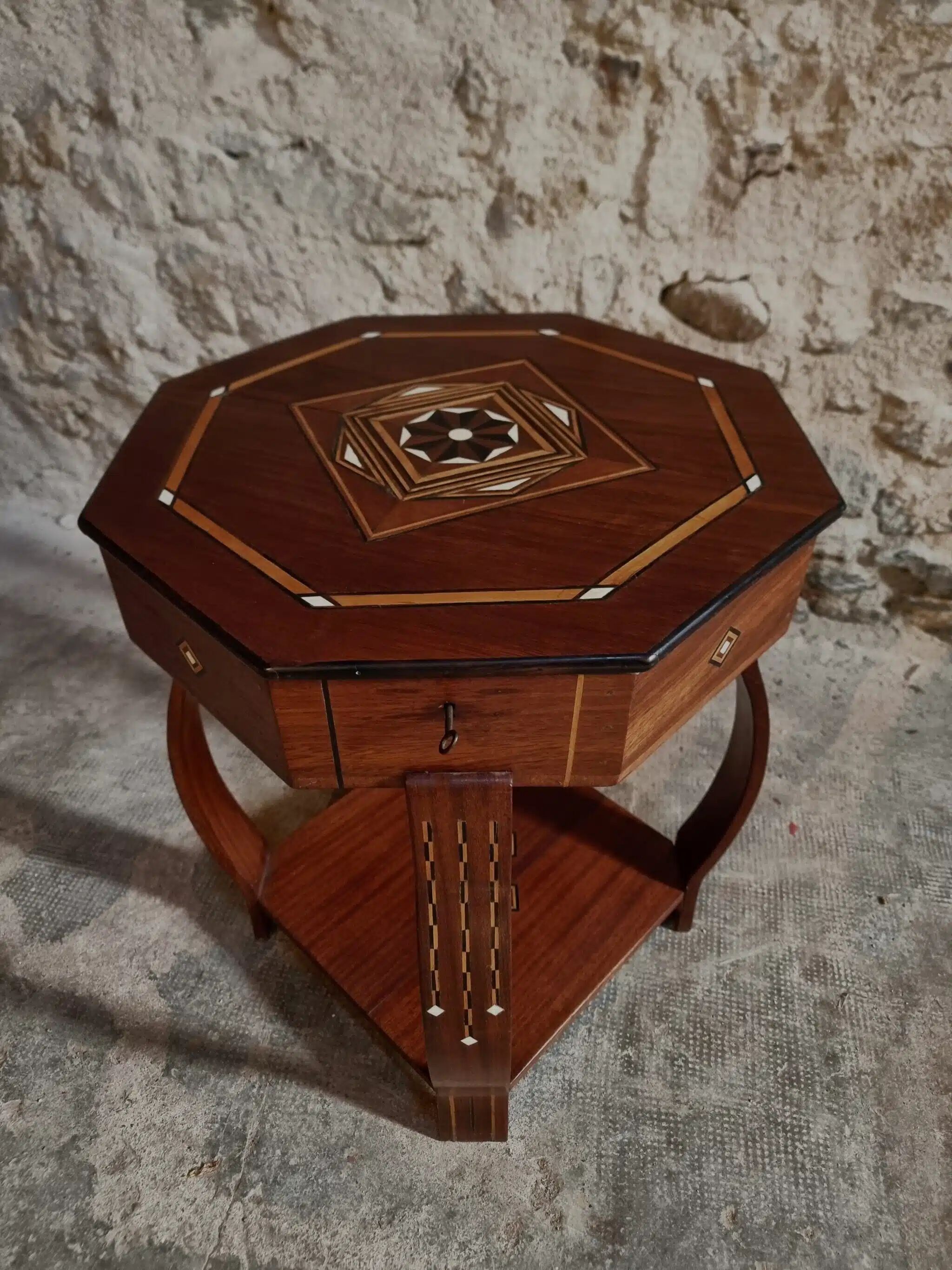 Table d'appoint incrustée, table à couture, bois d'acajou, table de rangement Art déco