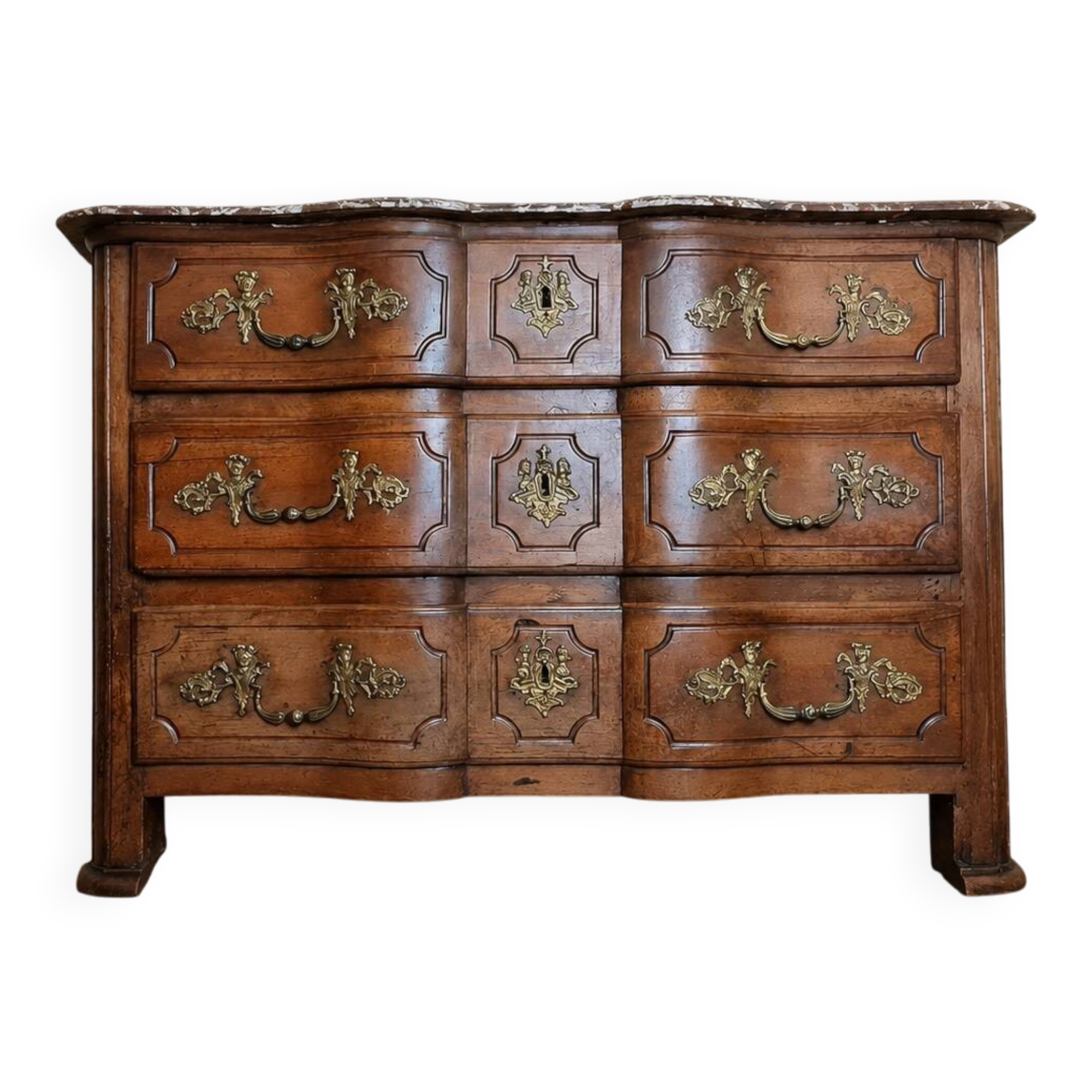 Regency period Arbalette commode in walnut – Marble top – Bronze fittings