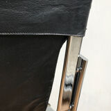 Set of 6 chairs in chrome metal and black leather - 1970