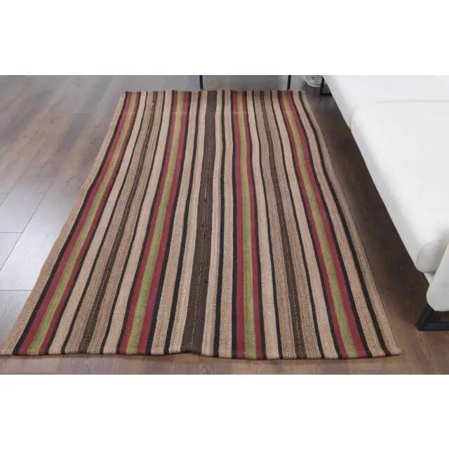 Vintage Turkish Oushak Handmade Wool Cotton Brown Kilim Area Rug 136x214