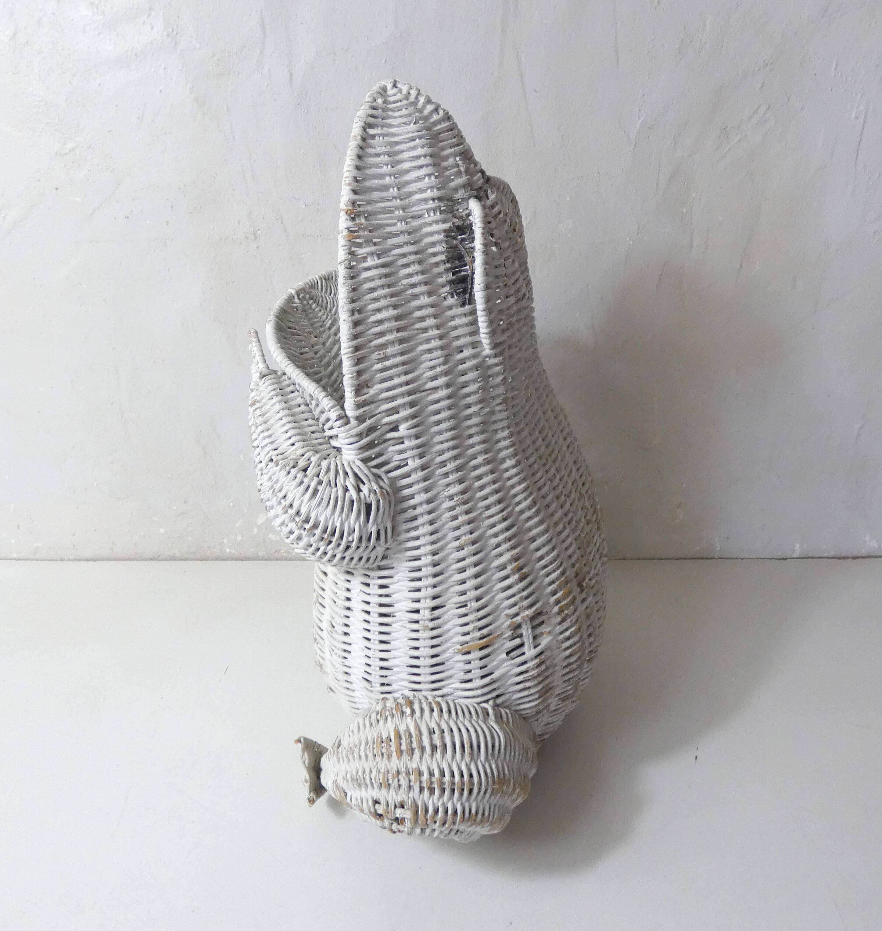 Corbeille à papier grenouille vintage en rotin blanc