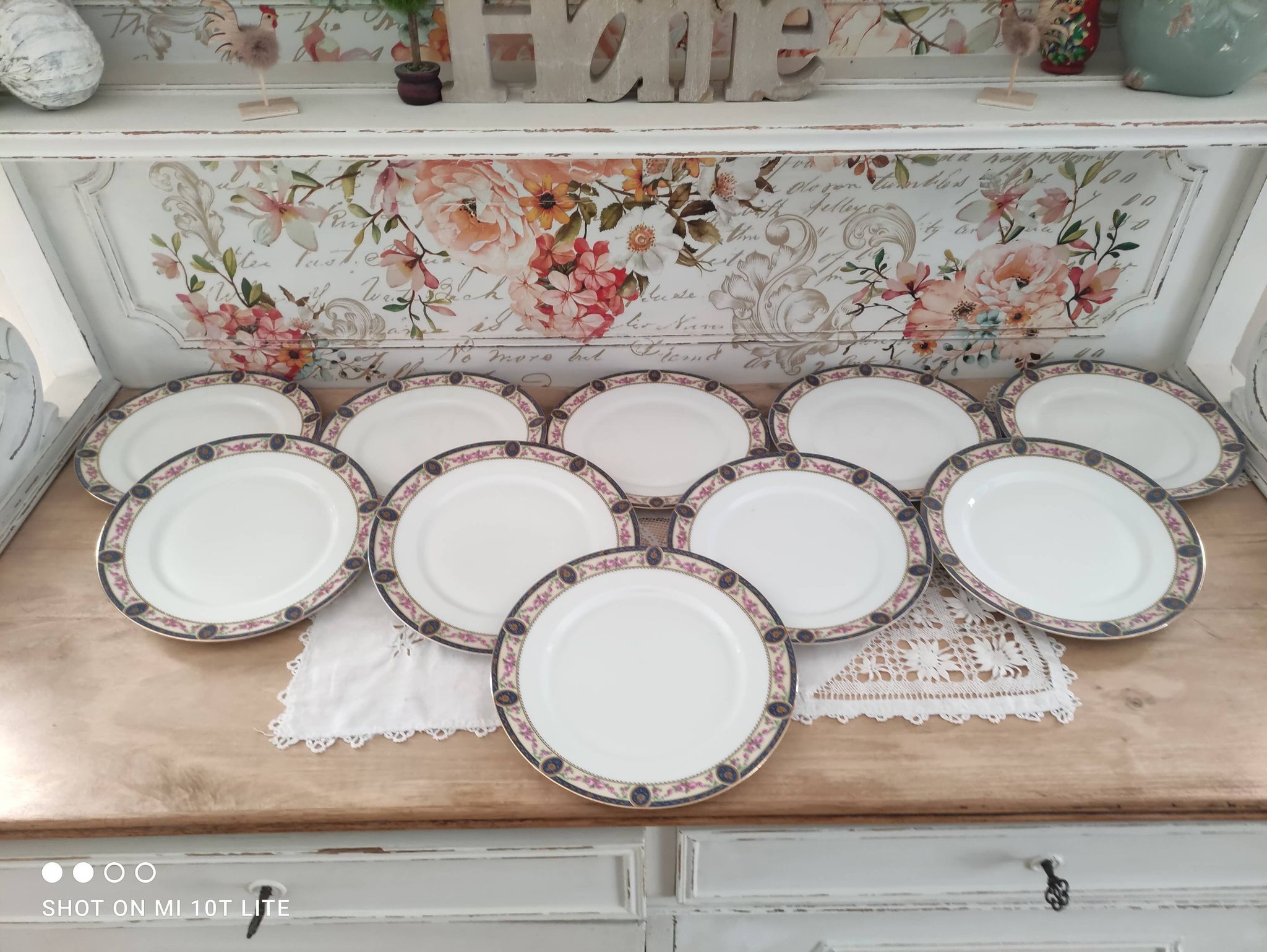 Set of 10 flat plates in Limoges porcelain stamp RN frieze blue old pinks