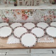 Set of 10 flat plates in Limoges porcelain stamp RN frieze blue old pinks