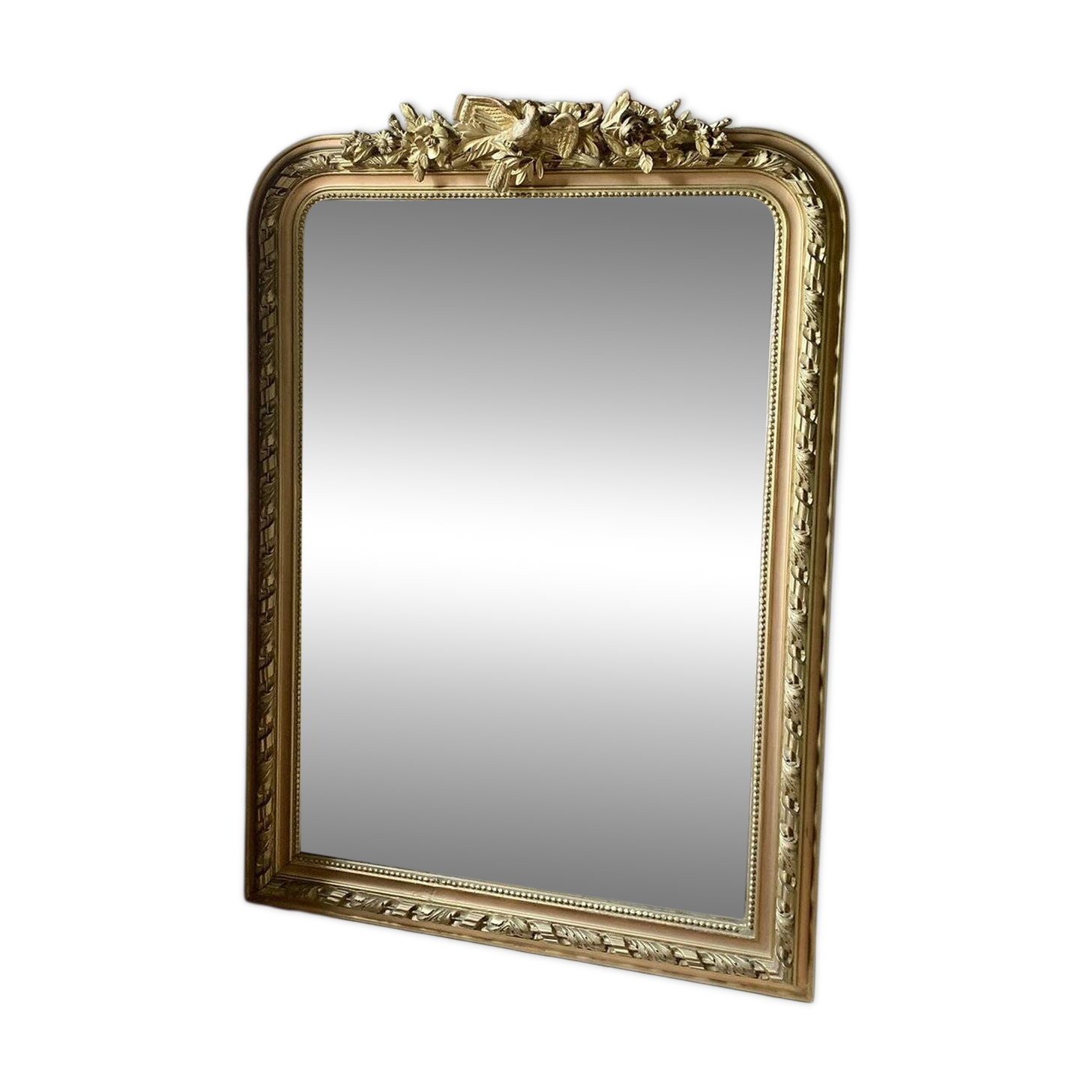 Gilded wood fireplace mirror with pediment, height 142