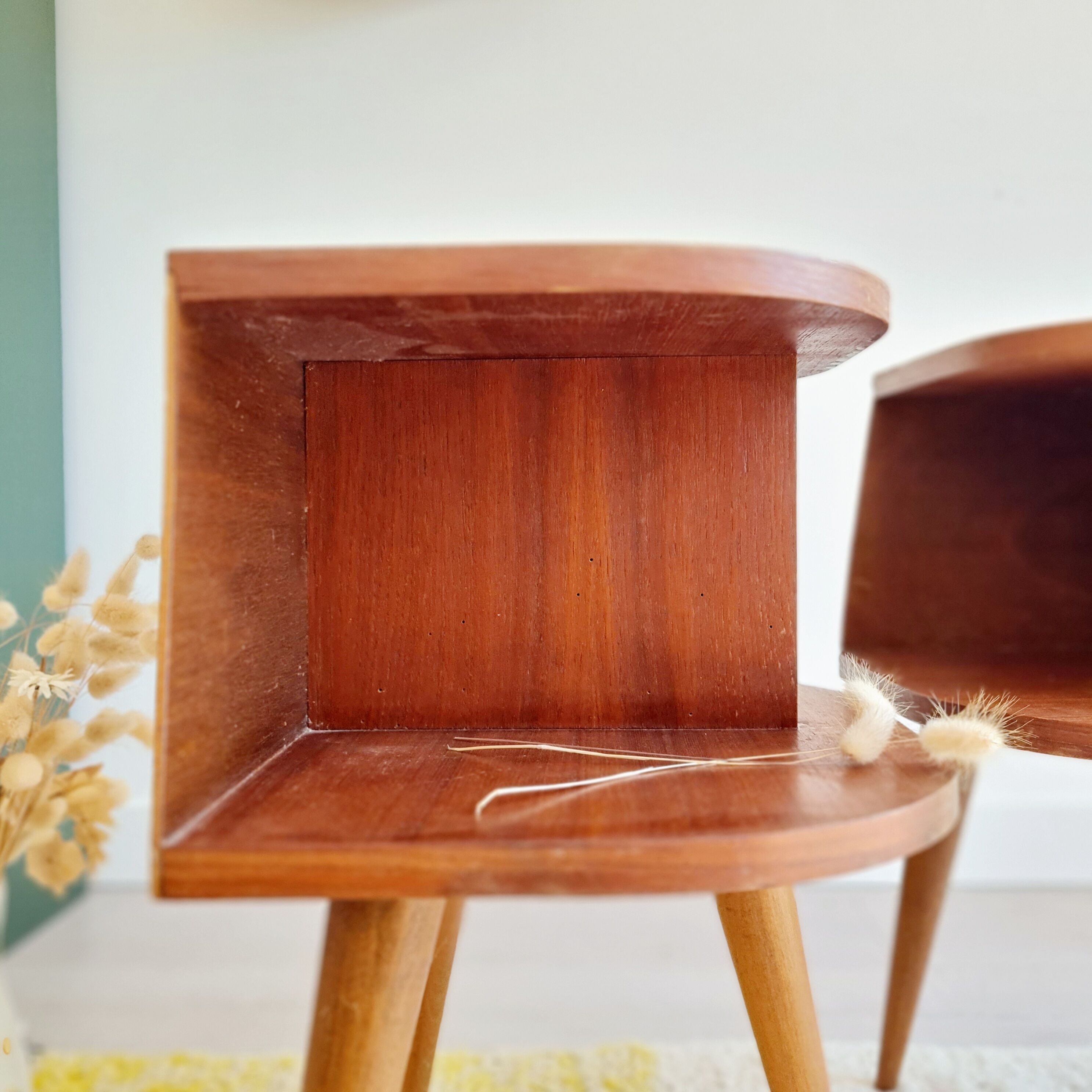 Pair of tripod bedside tables with compass feet