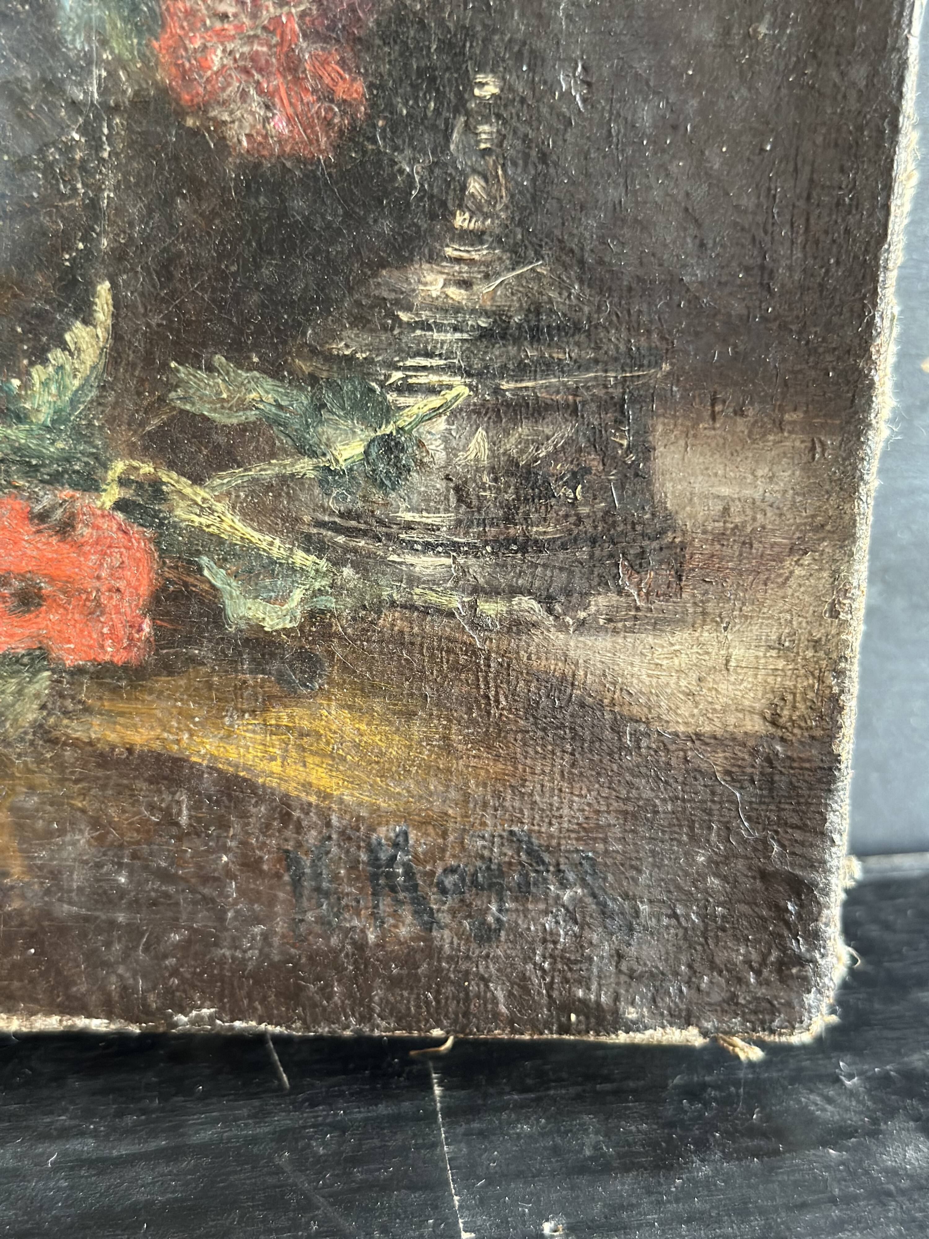 Miniature still life, oil painting signed from the 19th century, French school.