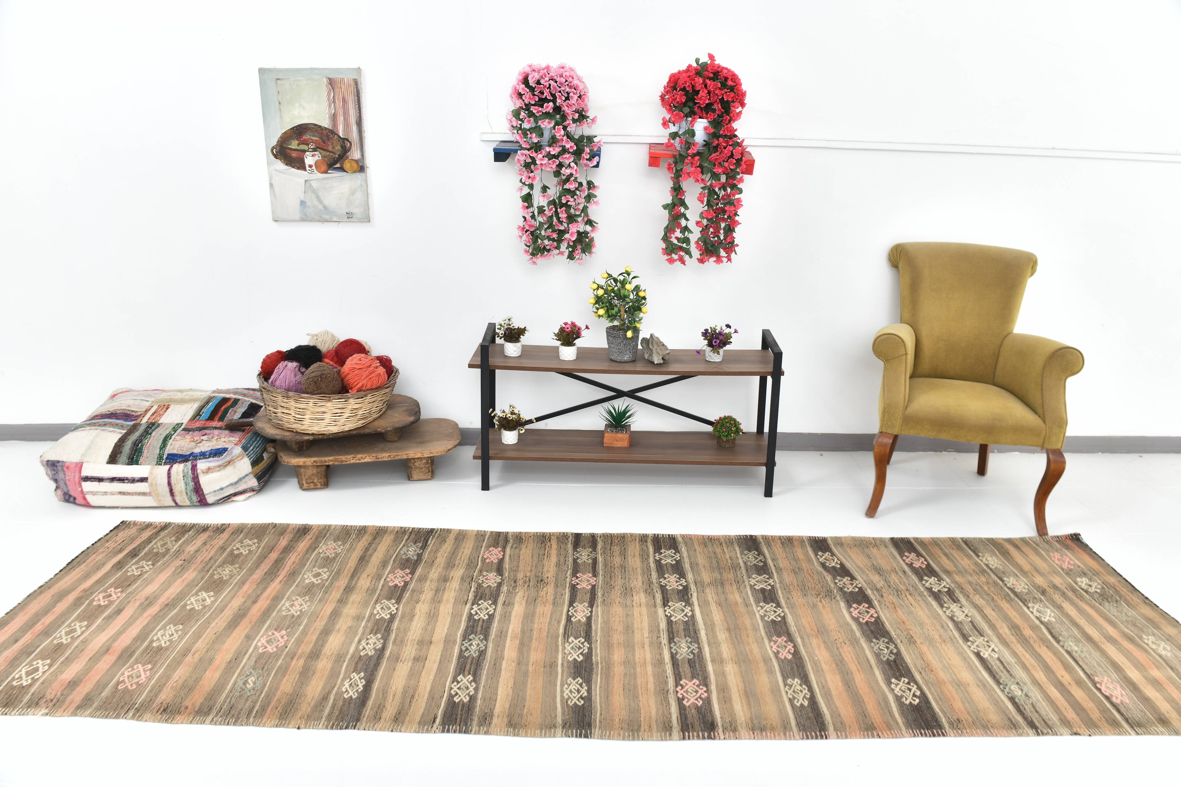 3x12 Brown Mustard Turkish Kilim Runner Rug 101x353Cm