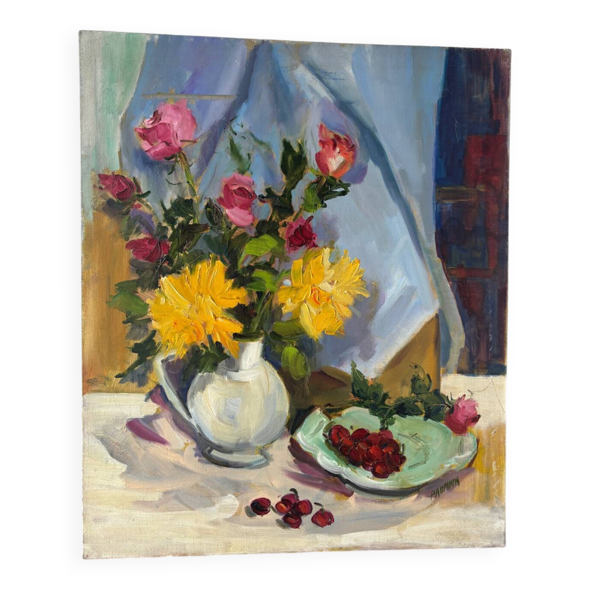 Oil on canvas "The Cherries" signed Paumier, 1994