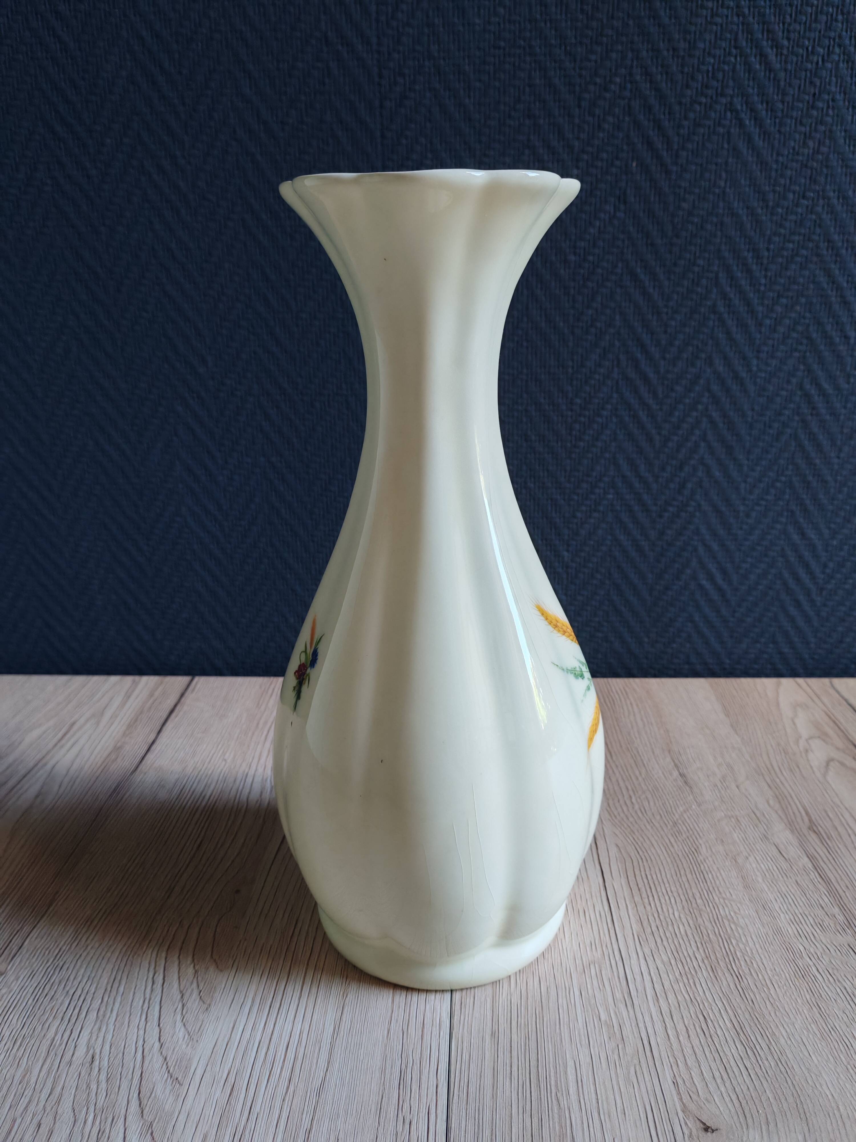 Vintage White Broken Ceramic Vase with Floral Pattern, Ribbed Vase