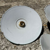 Trio of vintage suspension in green and white enamelled sheet metal indus old farm