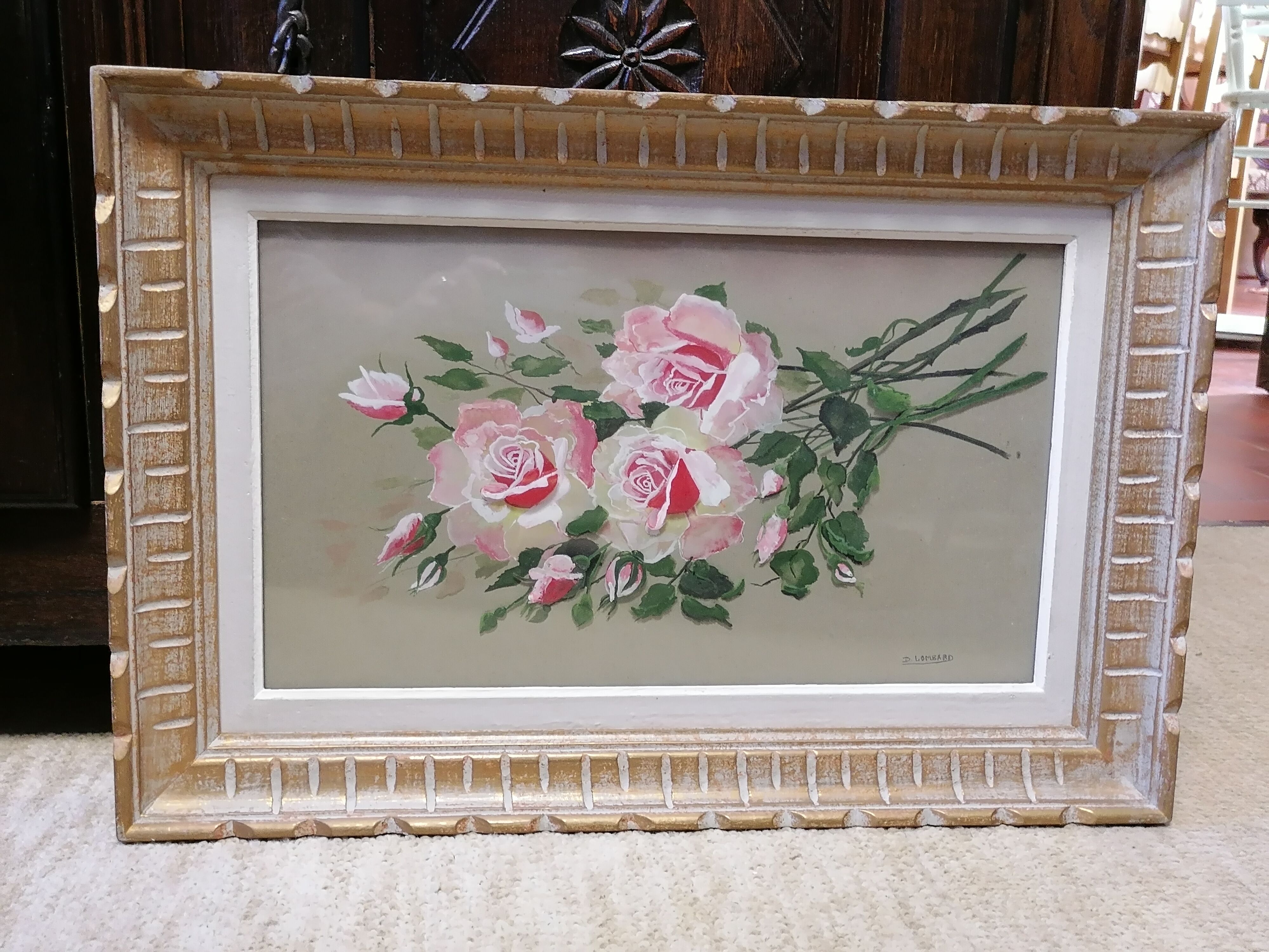 Watercolor painting bouquet of roses signed D. Lombard