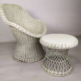 White rattan armchair and table