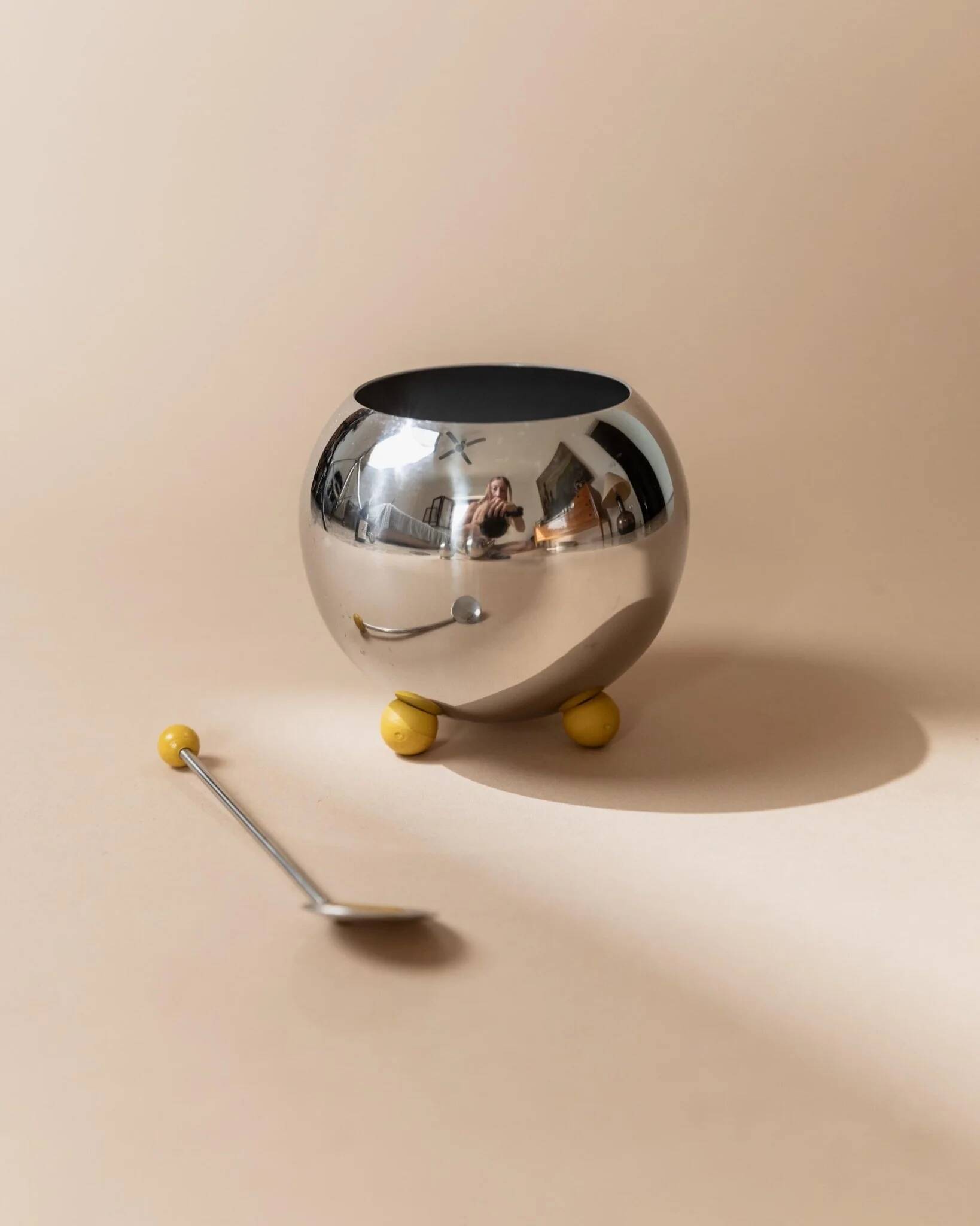 Space Age Vintage 1980s Stainless Steel Tea and Coffee Set with Yellow Accents Teapot Creamer and Sugar Bowl