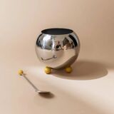 Space Age Vintage 1980s Stainless Steel Tea and Coffee Set with Yellow Accents Teapot Creamer and Sugar Bowl