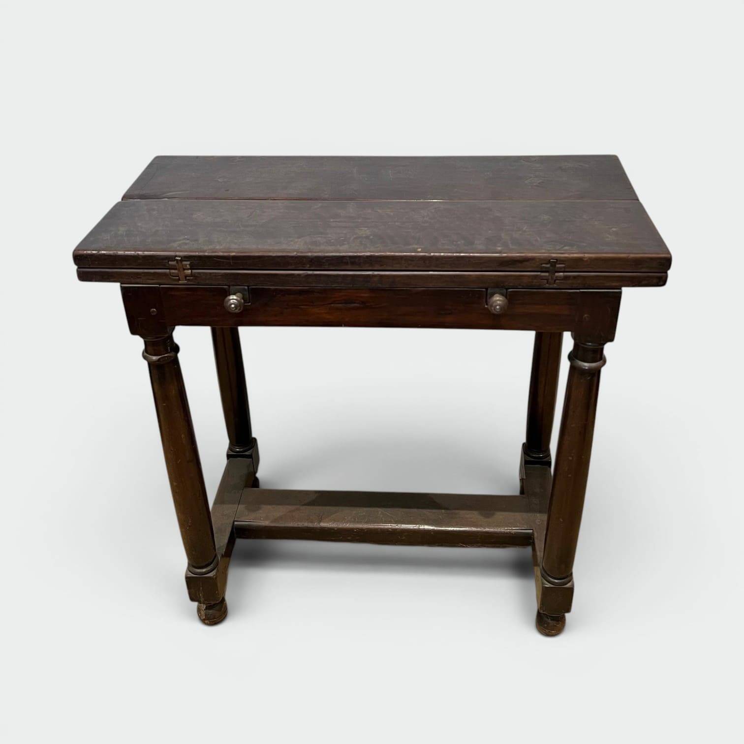 Portuguese Table with Folding Top in Walnut with Detached Columns and Stretcher