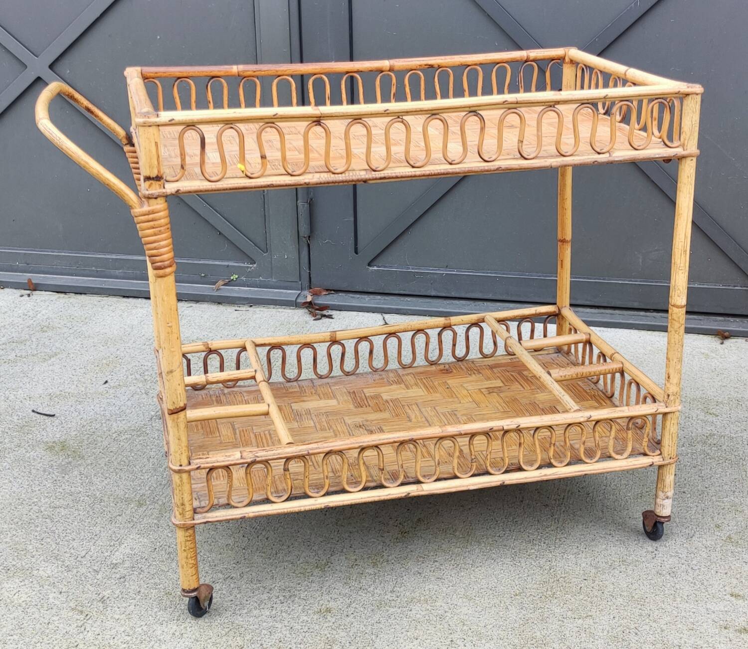 Vintage rattan bar trolley rolling serving cart