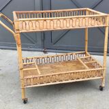 Vintage rattan bar trolley rolling serving cart