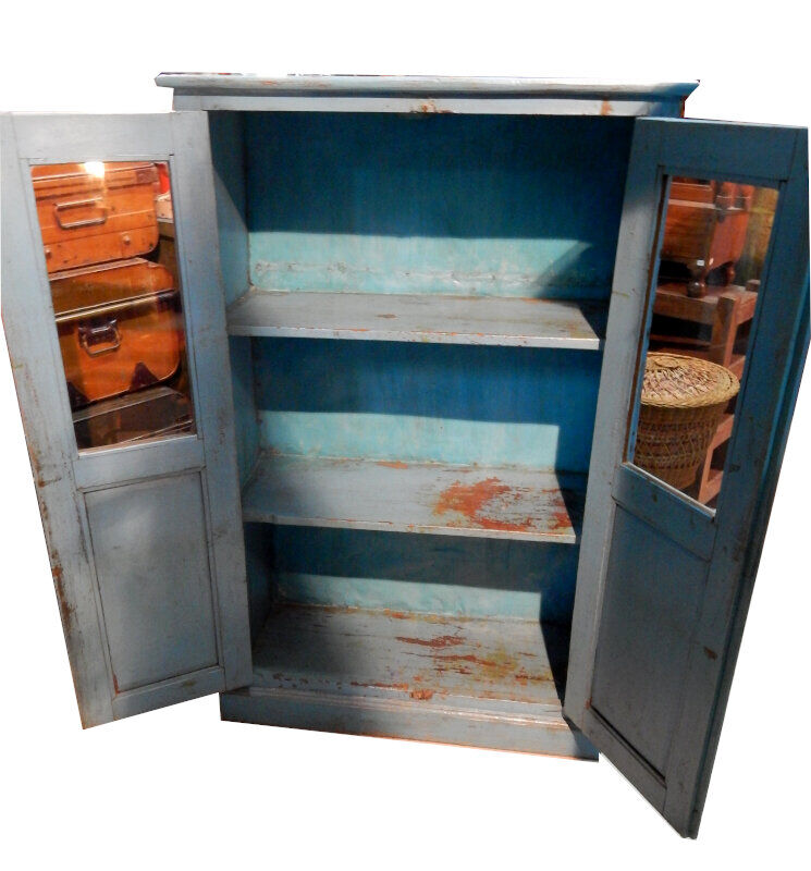 Blue patinated wardrobe in teak, furniture from India