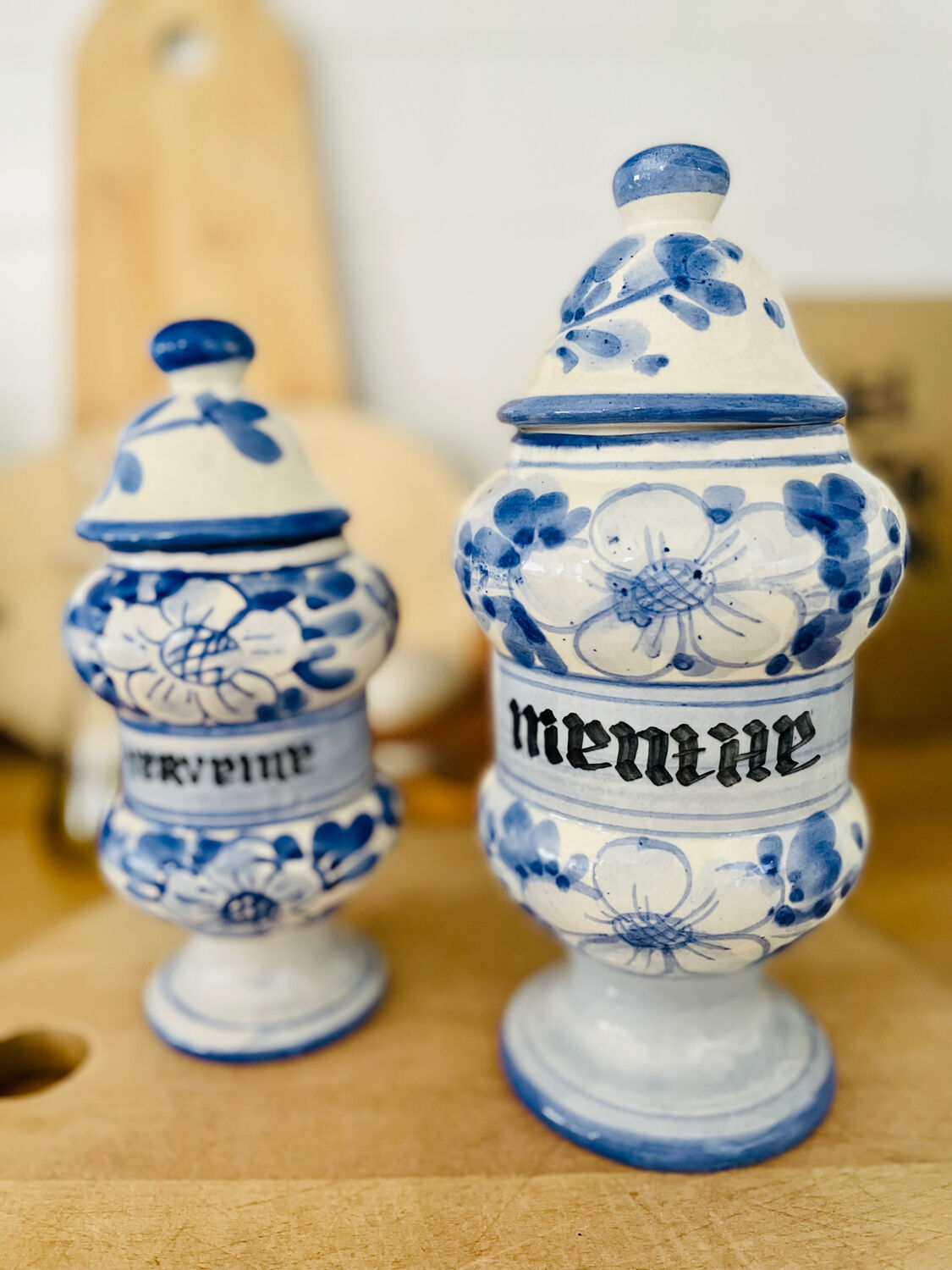 Set of two vintage painted ceramic apothecary pots