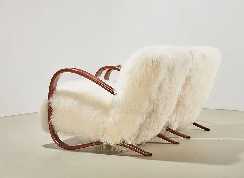 Pair of H-269 lounge chairs in Mongolian sheepskin, Jindrich Halabala, 1930s