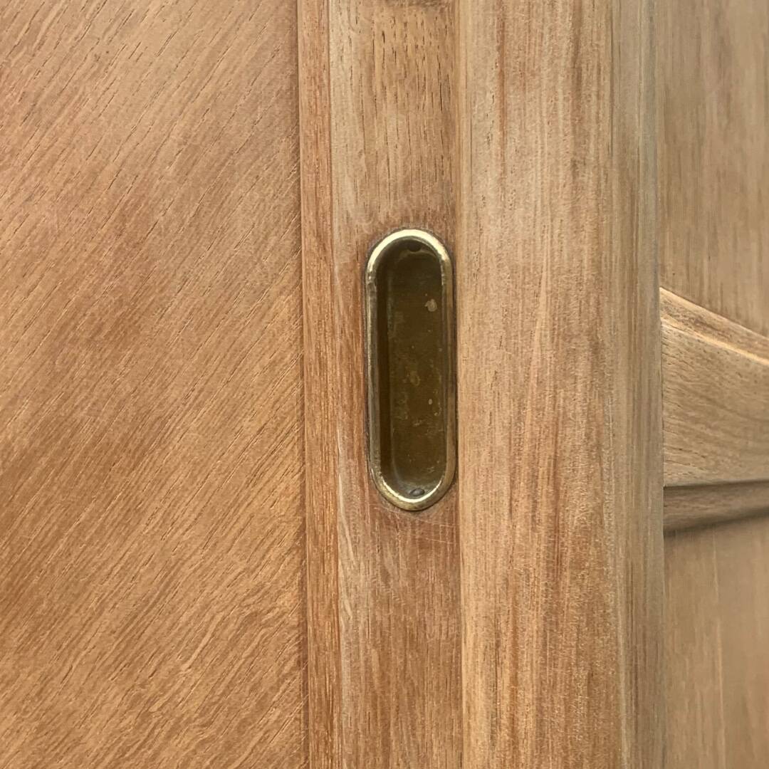 Vintage wardrobe with compass legs in raw wood, sliding doors, 1960s