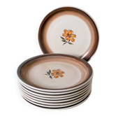 Set of 9 flat plates in Gien stoneware with flowers 1970