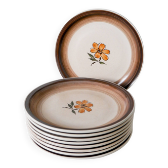 Set of 9 flat plates in Gien stoneware with flowers 1970