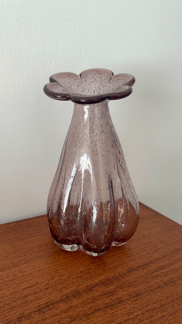 Vase vintage en verre bullé mauve – Col fleur Soliflore rétro – Décora