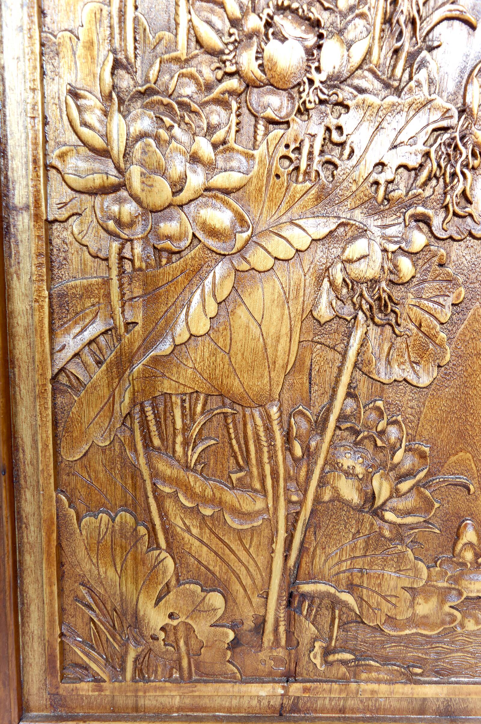 3 carved wooden panels, floral and animal decorations, Indochina