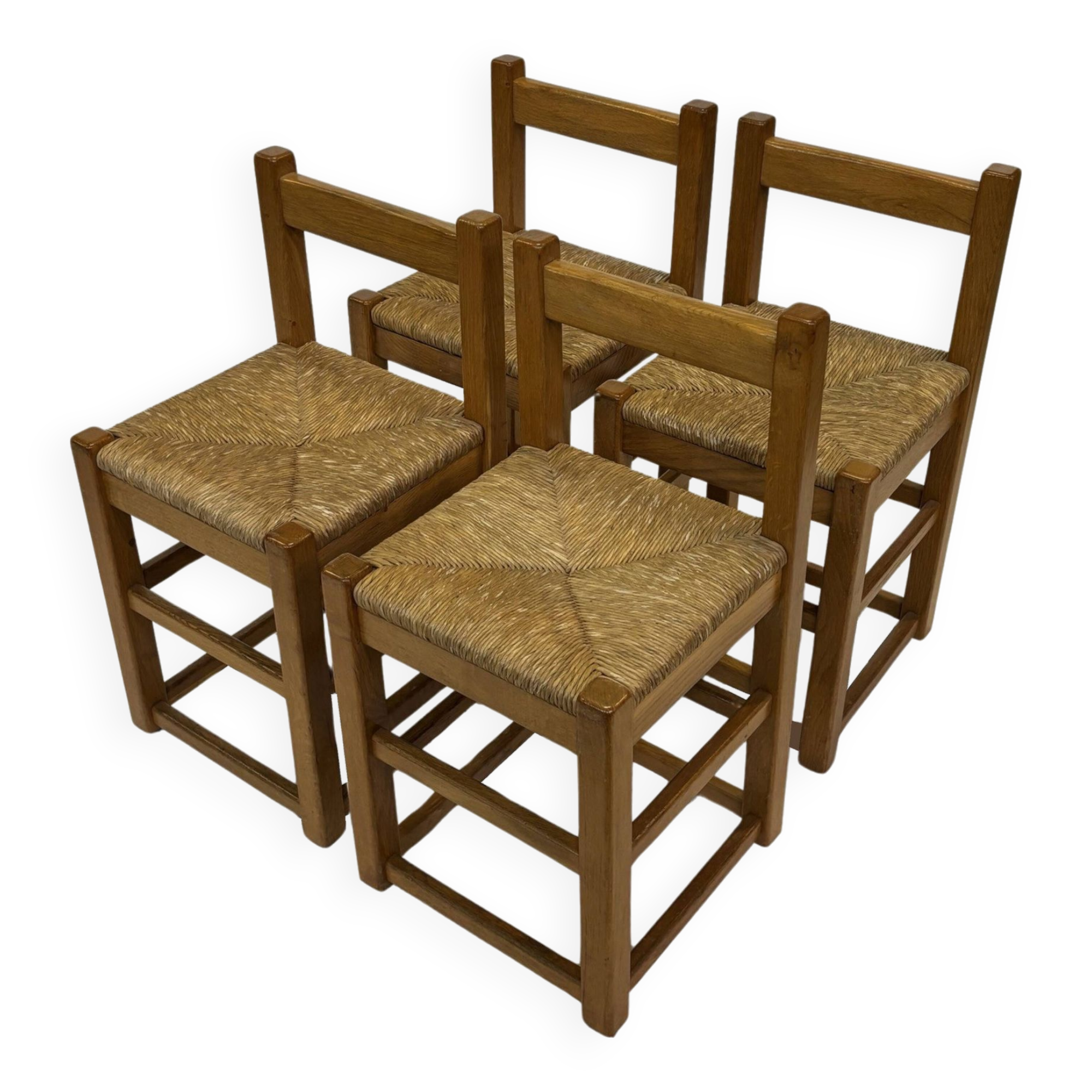 Set of four vintage chairs / stool - brutalist style minimalist oak and wicker 60s
