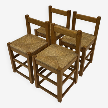 Ensemble de quatre chaises/tabourets vintage - style brutaliste minimaliste chêne et osier années 60