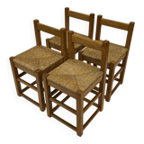Set of four vintage chairs / stool - brutalist style minimalist oak and wicker 60s
