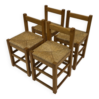 Set of four vintage chairs / stool - brutalist style minimalist oak and wicker 60s
