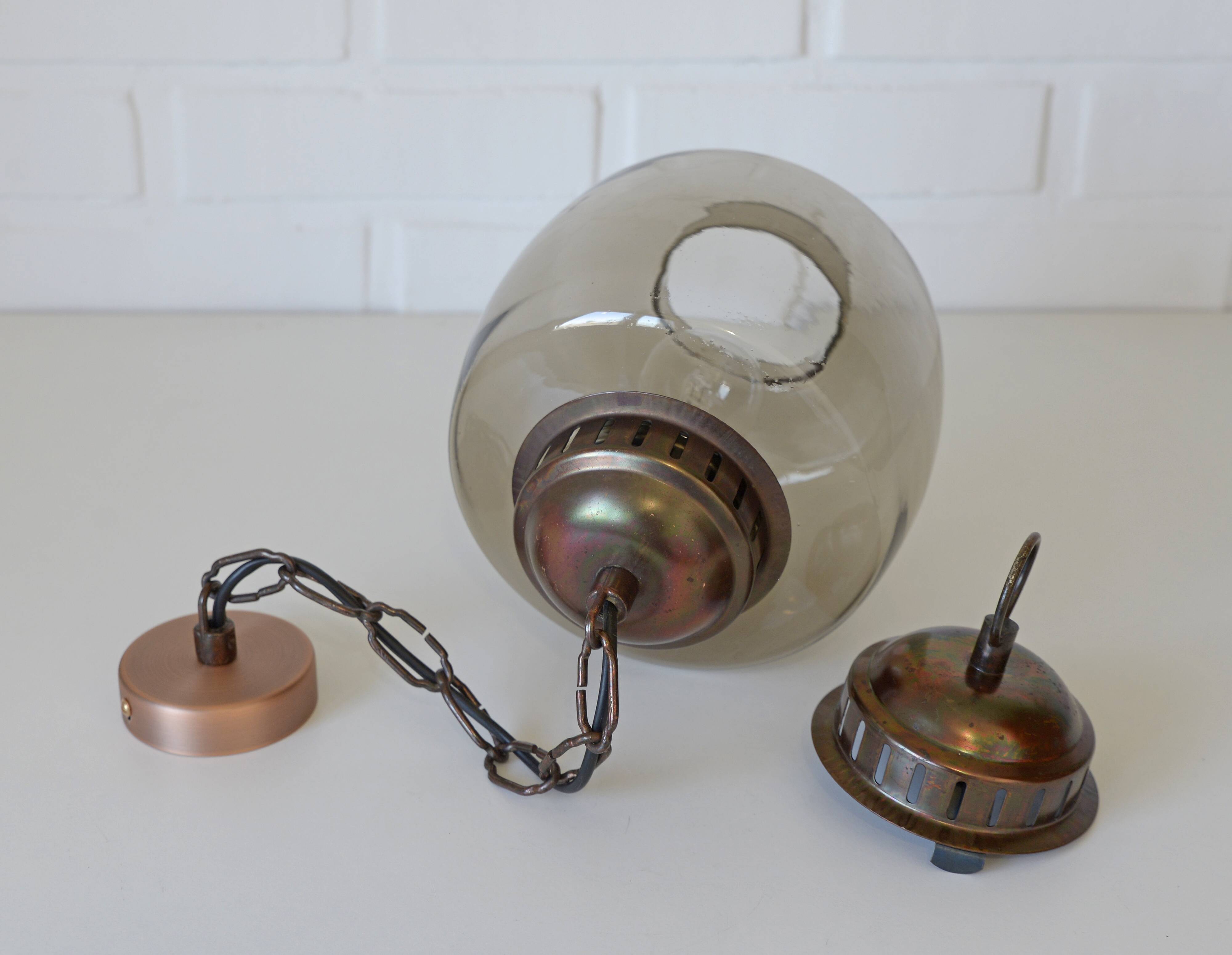 Vintage Copper Pendant Light Amber Glass Mid Century Modern Ceiling Lanter