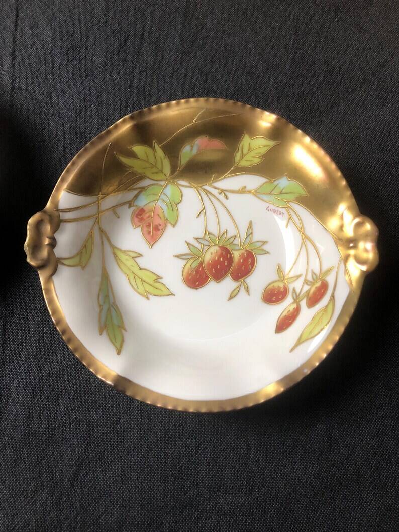 Five Antique Limoges Porcelain Berry Plates: Hand-Painted Gilbert, Gilded
