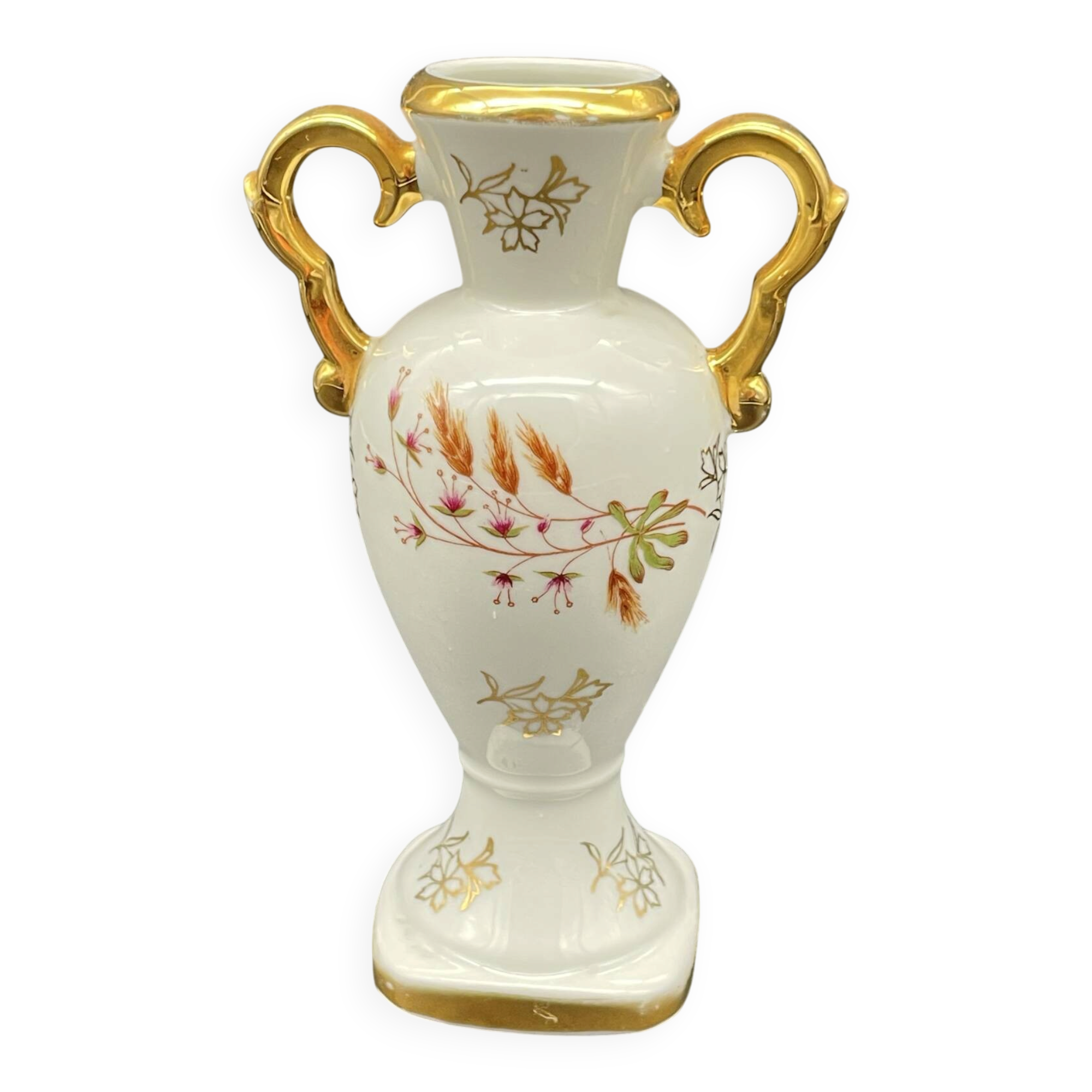 Small amphora vase in Limoges porcelain with gilded handles.