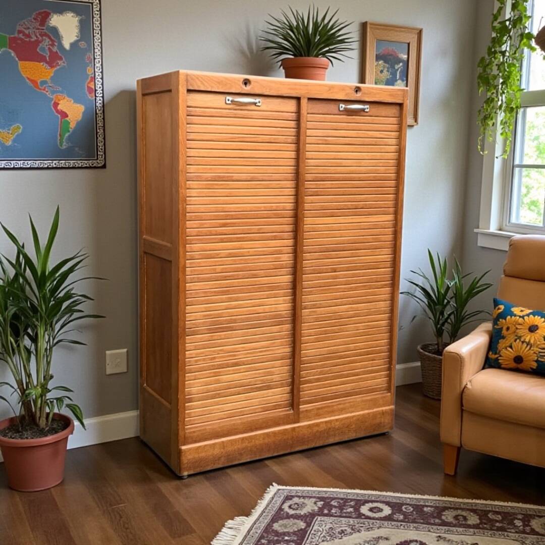 Antique oak tambour door filing cabinet, H120