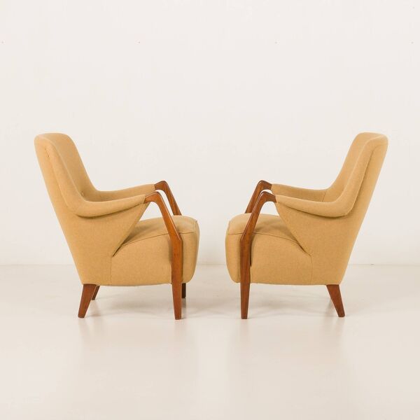 2 fauteuils scandinaves en teck et laine, années 1960