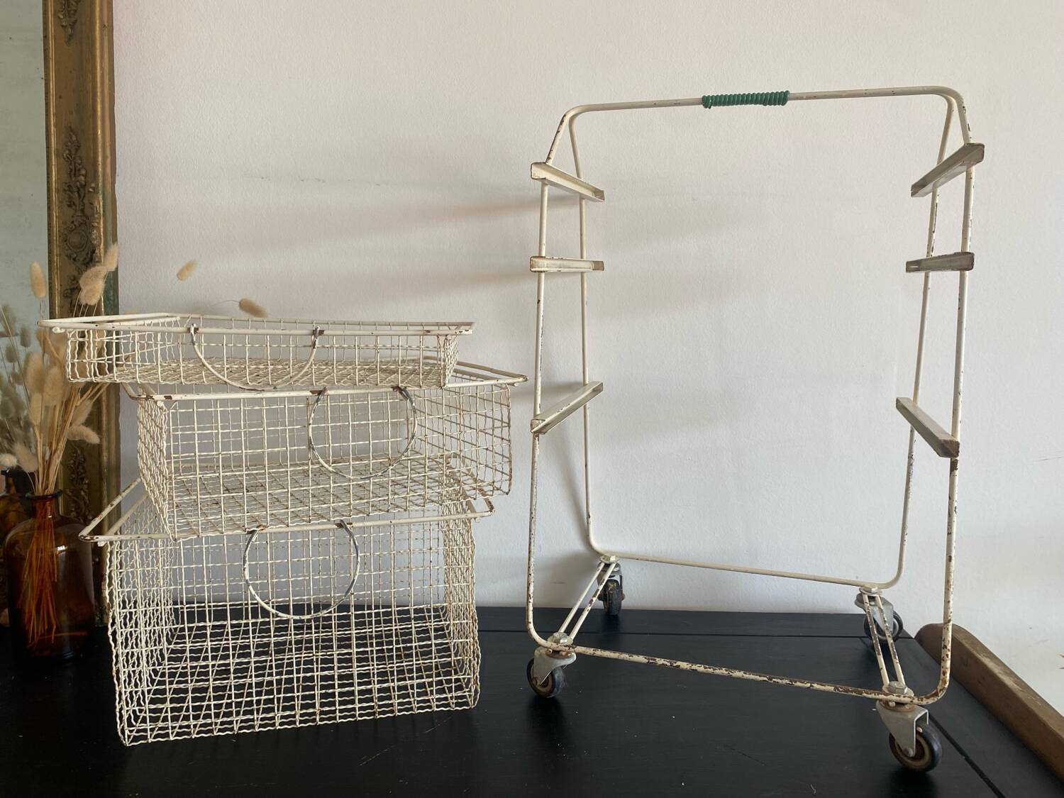 Metal serving trolley on wheels
