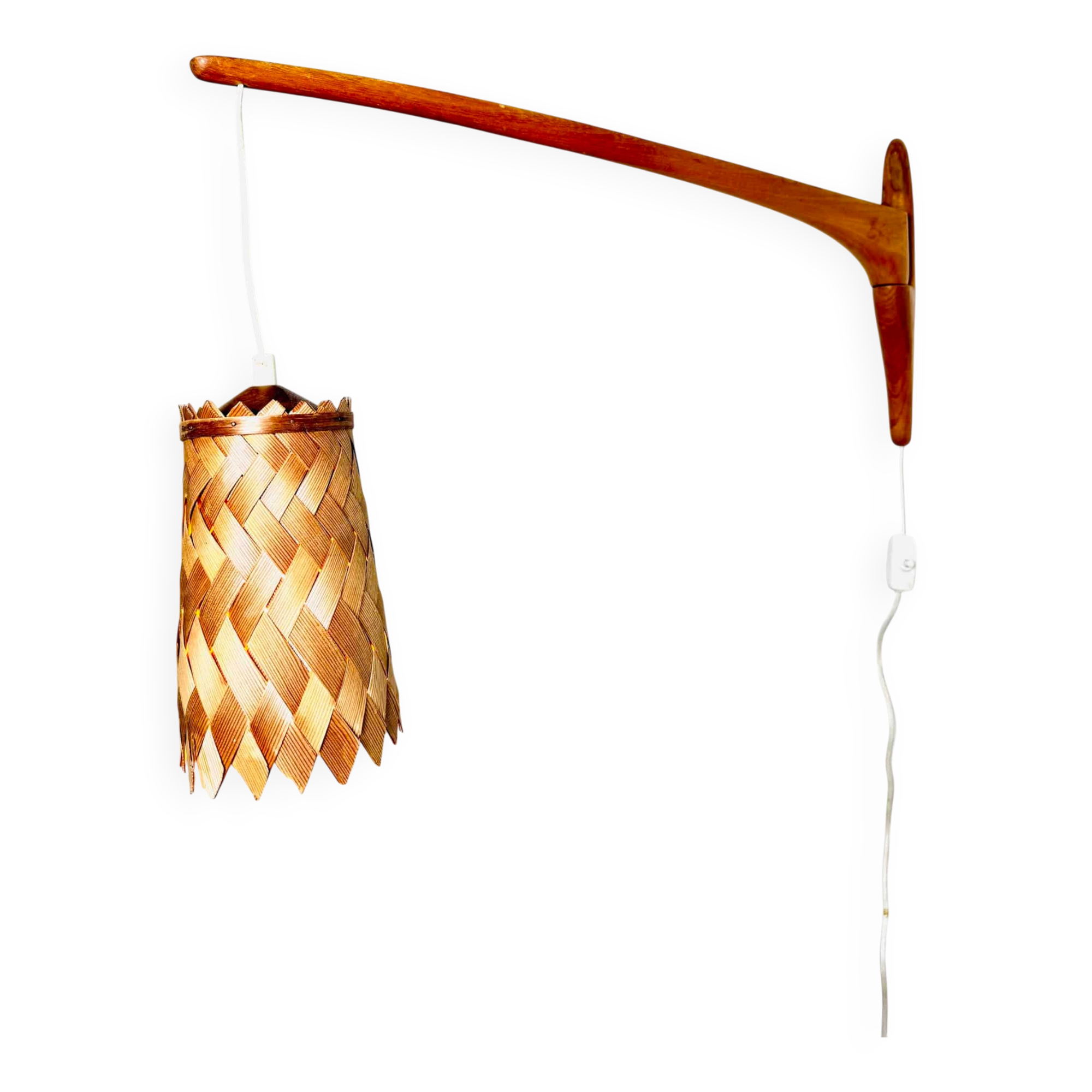 Swivel Arm Teak Wall Lamp With Pine Veneer Shade By Unknown Designer, Sweden 1960S