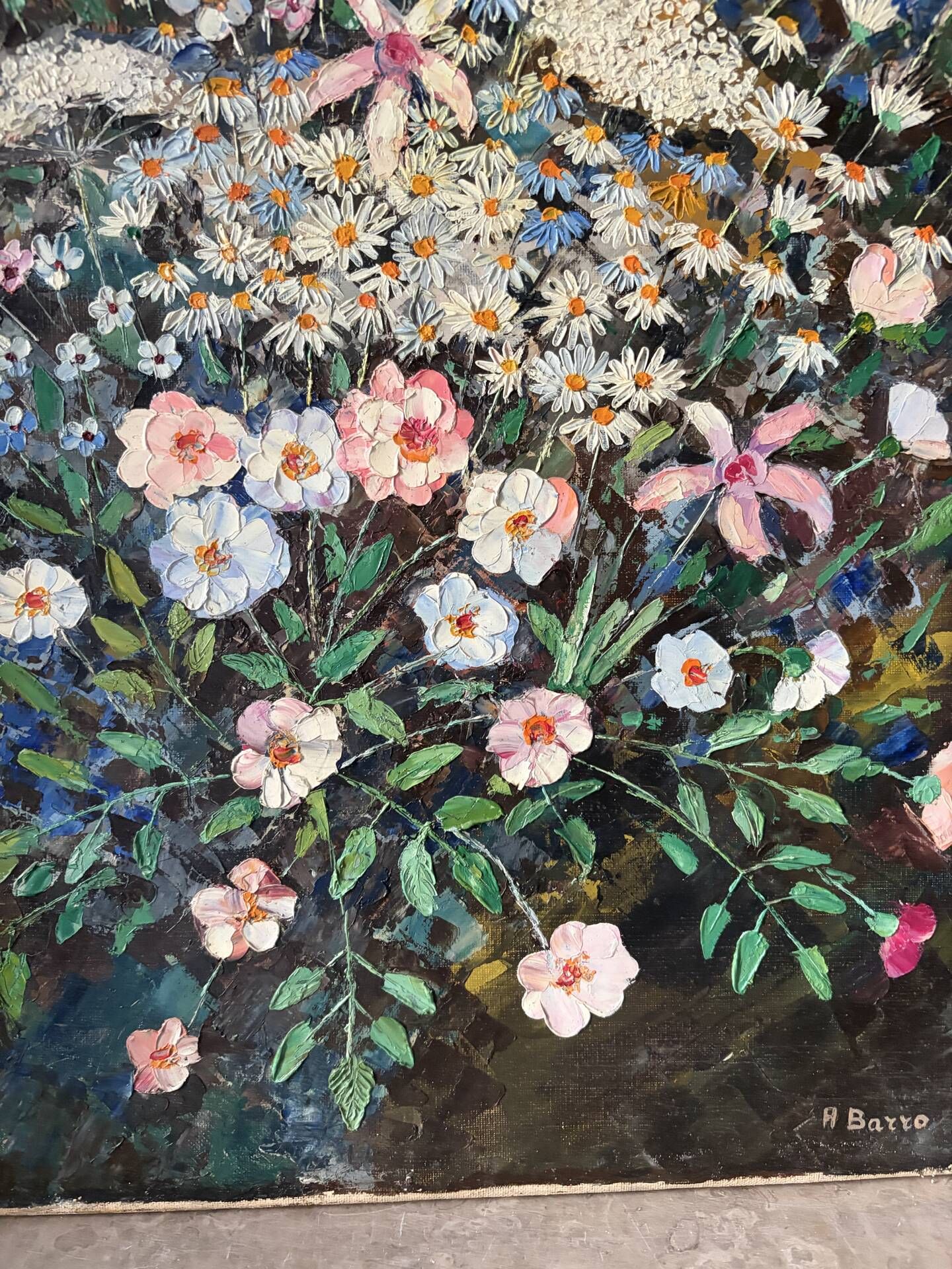 Wildflower bouquet with foxgloves, knife oil painting signed H Barro.