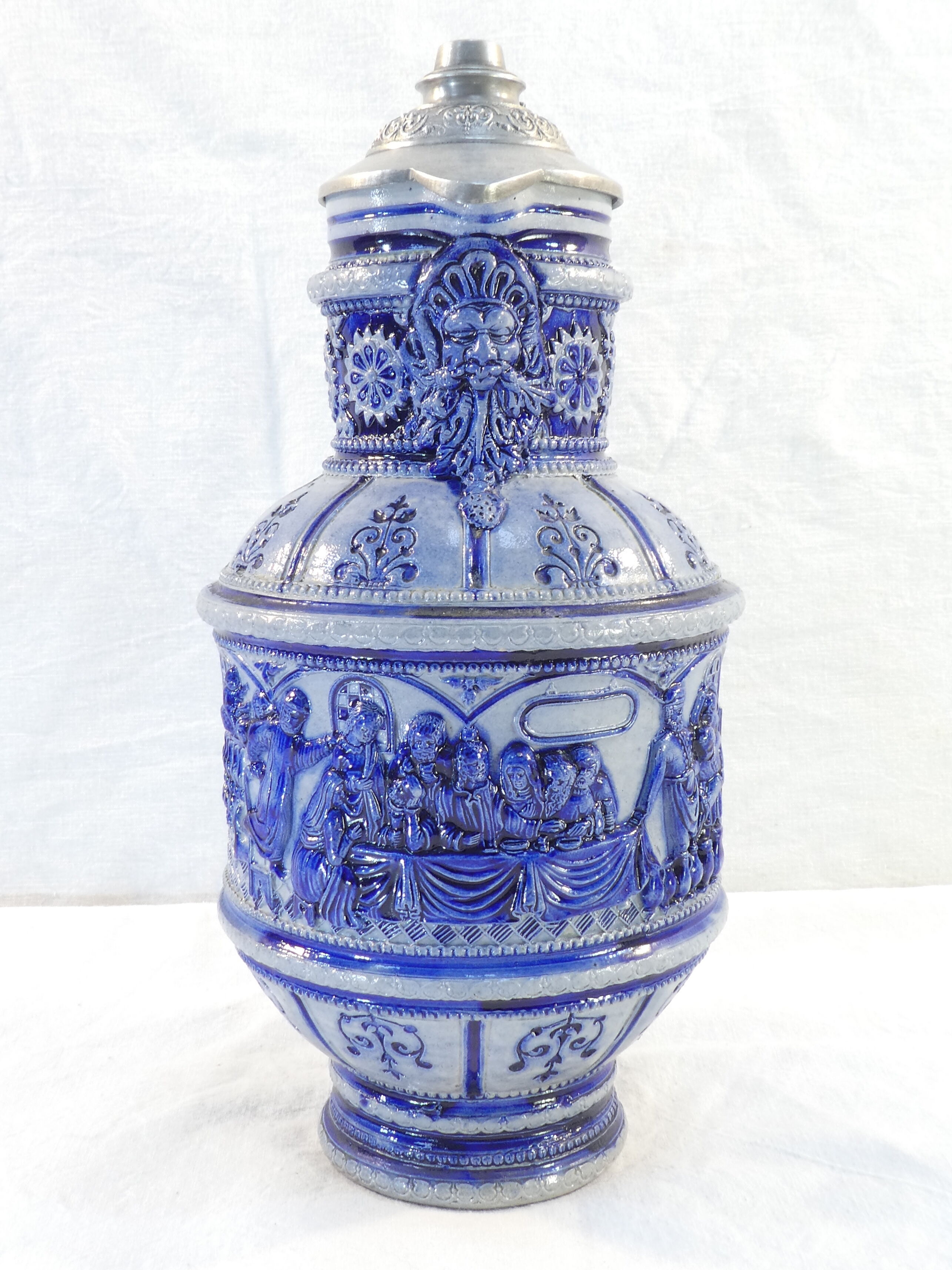 Large pitcher with gres Blue Ceramic ALLEMENAND WESTERWALD Meal scene