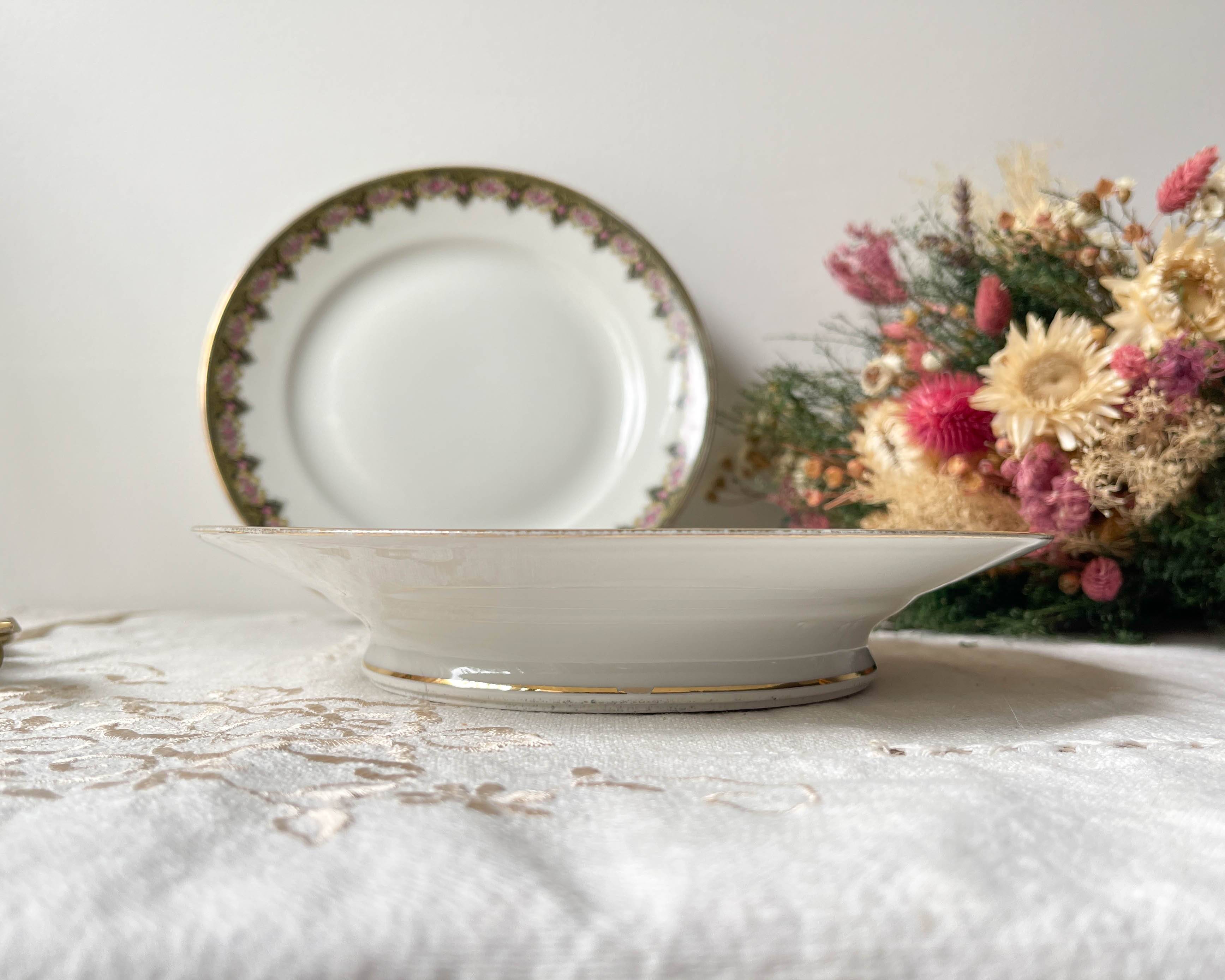 Vintage pedestal dish White porcelain with flowers Made in France